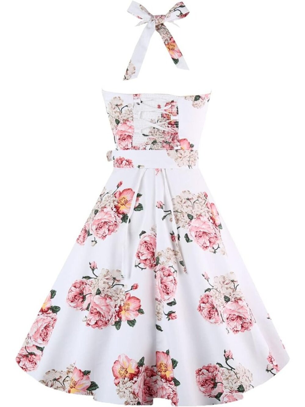 Women's Pink Flower Halter Neck Vintage Polka Audrey Retro Cocktail Dress